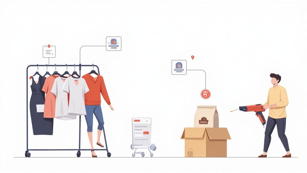 Digital illustration depicting inventory tracking for clothing and packaged goods with people and system icons.