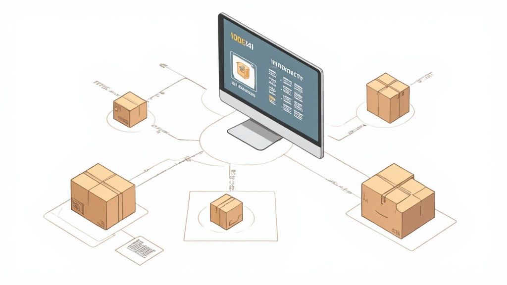 Computer monitor displaying inventory data connected to multiple boxes, illustrating a logistics tracking system.