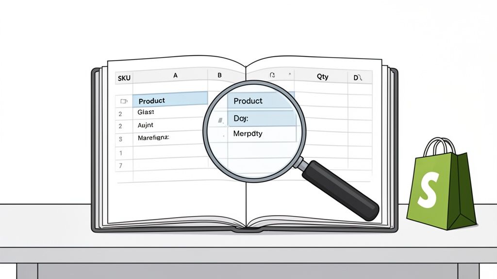 Magnifying glass examining product details in an inventory tracking sheet next to a Shopify bag.