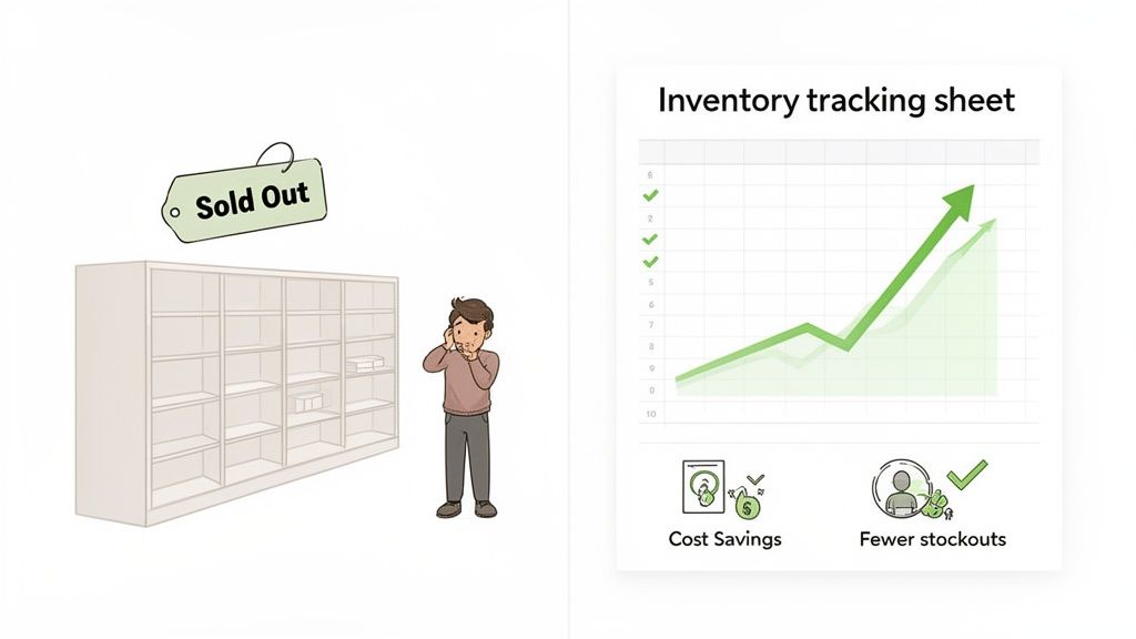 Illustration of inventory management: a man worried by empty shelves and a chart showing cost savings and fewer stockouts.