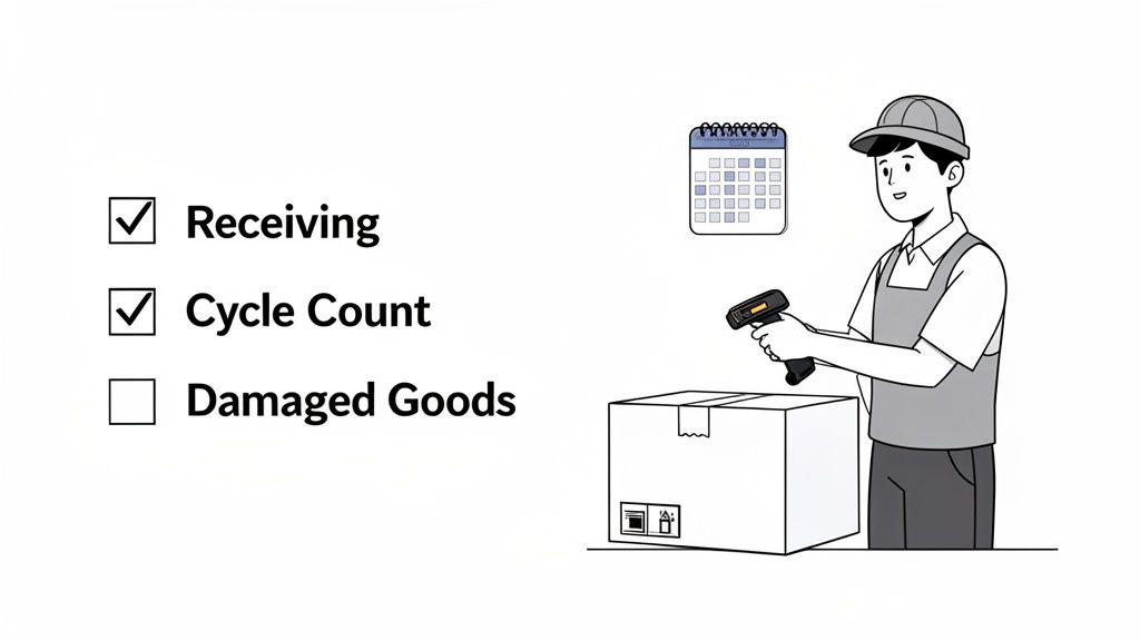 A worker scans a package with a barcode scanner, next to an inventory checklist and calendar.