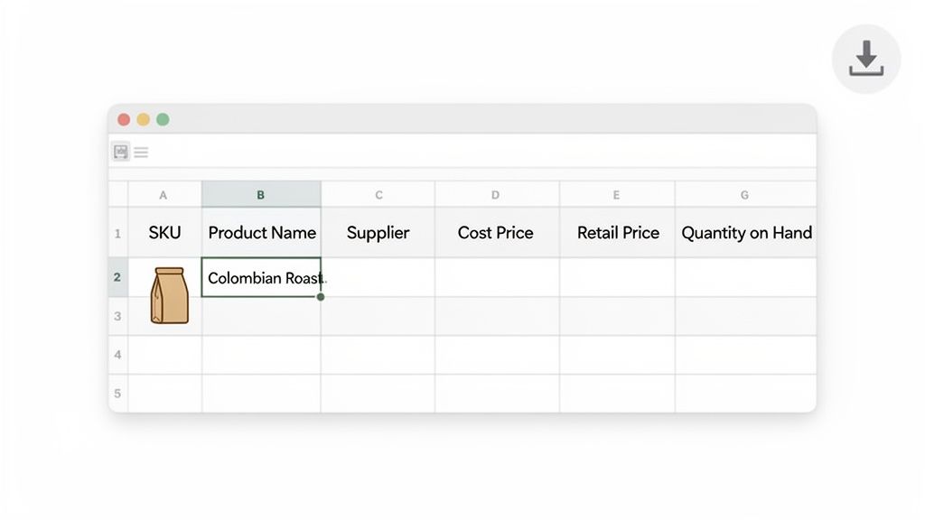 A digital spreadsheet showing product inventory data with columns for SKU, Product Name, and Quantity.