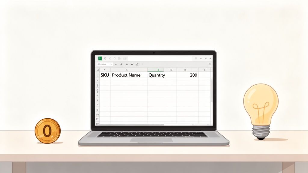 A laptop displays an inventory spreadsheet with SKU, Product Name, and Quantity columns, next to a zero coin and a light bulb.