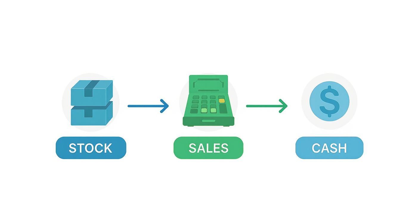 An illustration showing the business process from stock to sales and then to cash flow.