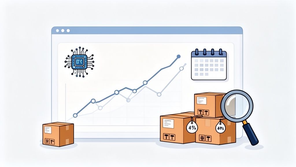 Illustration of logistics and inventory management with data analysis, technology, scheduling, and package inspection.