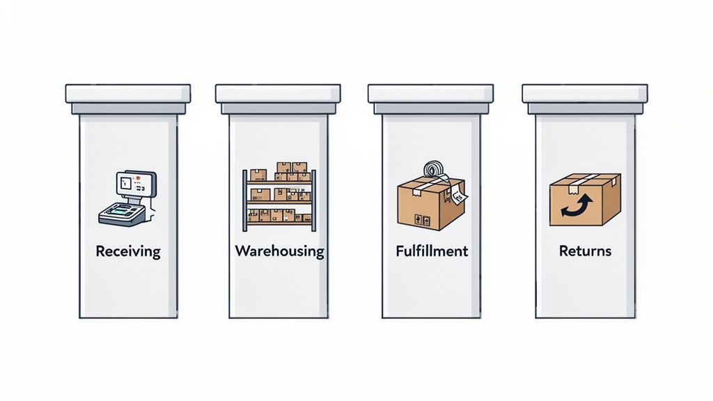 Four stages of logistics inventory management: receiving, warehousing, fulfillment, and returns process overview.
