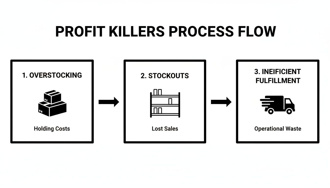 A process flow diagram illustrating profit killers: overstocking, stockouts, and inefficient fulfillment, and their associated costs.