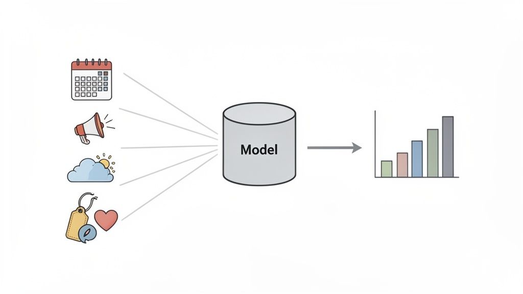 An illustration showing diverse data inputs feeding into a model which outputs a bar chart.