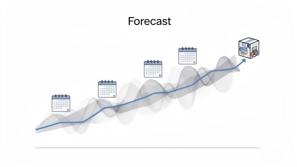 Forecast visualization with an upward trend line, calendar icons, and a package, symbolizing future demand.