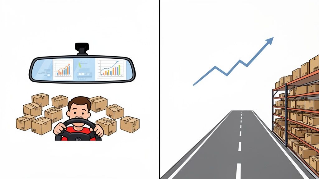 A driver with boxes looks at growth charts in rearview mirror, and a road leads to a warehouse.