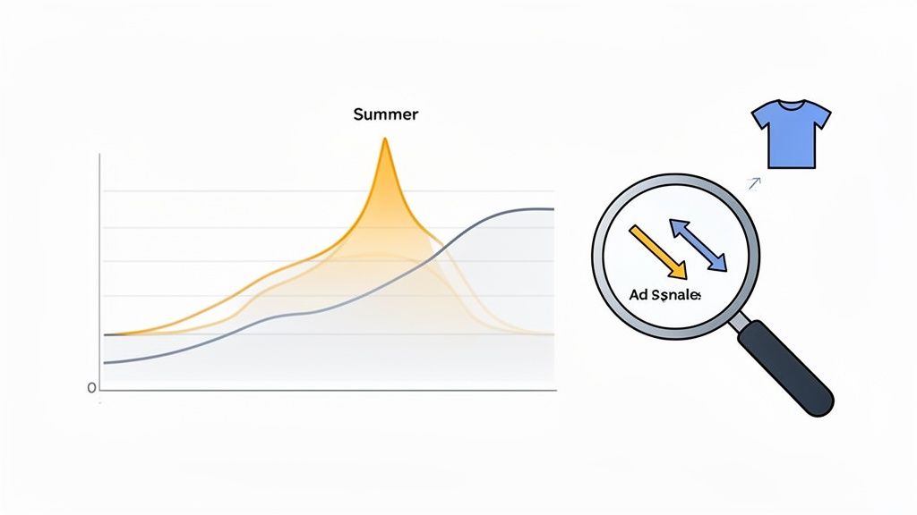 Chart illustrates seasonal demand peaking in summer, with ad signals analyzing t-shirt sales.
