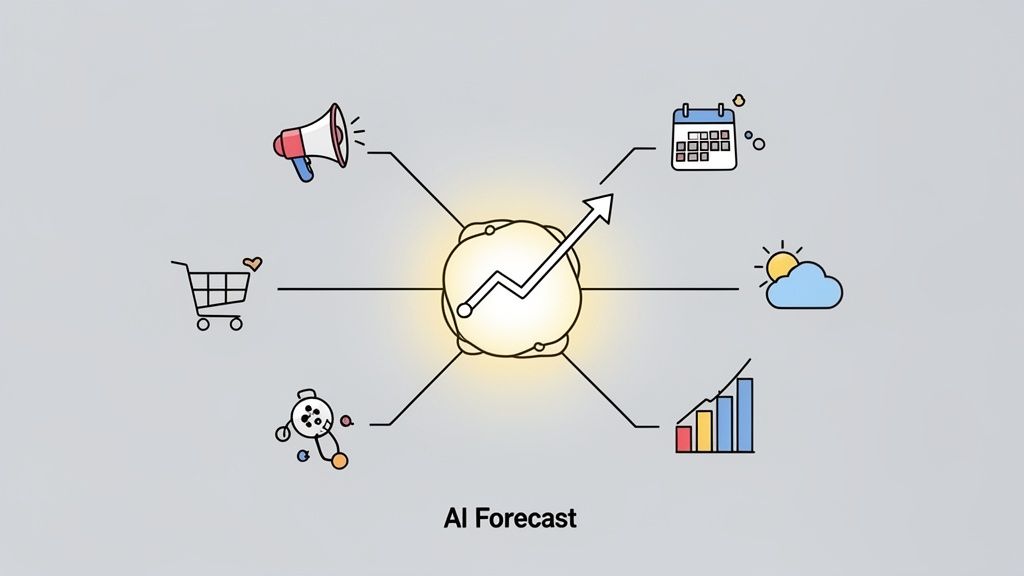 An illustration showing various factors influencing AI sales forecasting, including marketing, weather, and time.