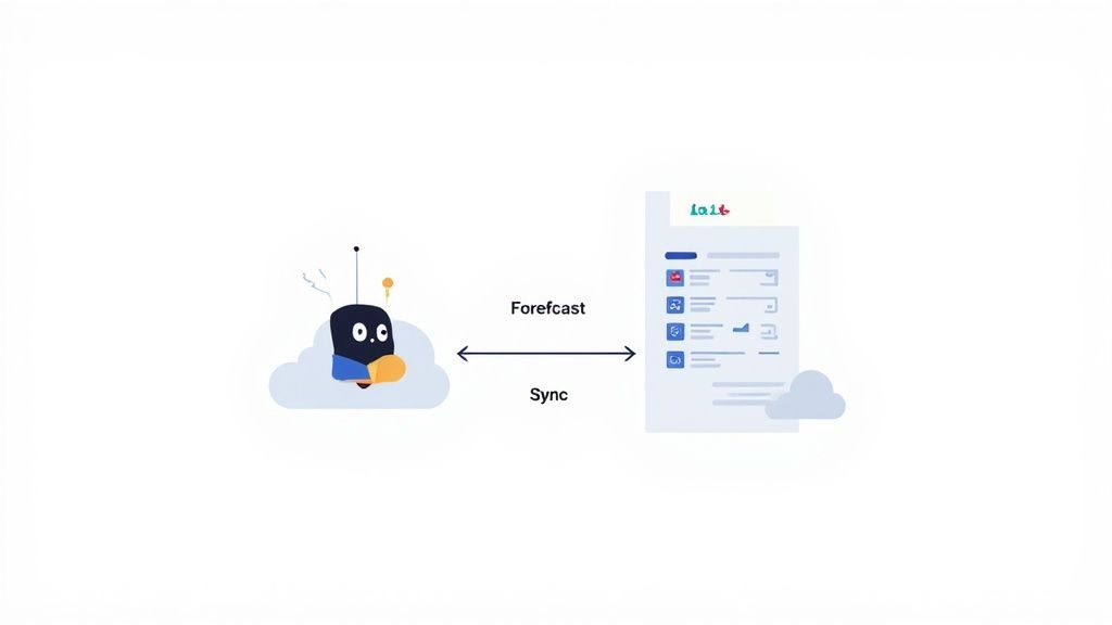 A cartoon robot on a cloud interacts with a business application, displaying forecast and sync processes.