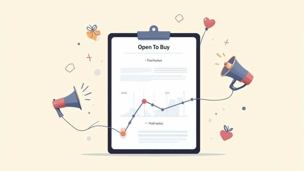 A digital illustration of an "Open To Buy" report with a line graph, megaphones, and promotional elements.