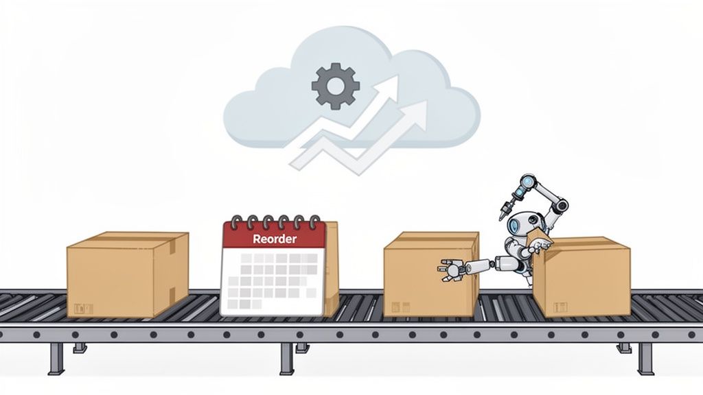 A robot on a conveyor belt with boxes and a 'Reorder' calendar, connected to a cloud with a gear and arrows.