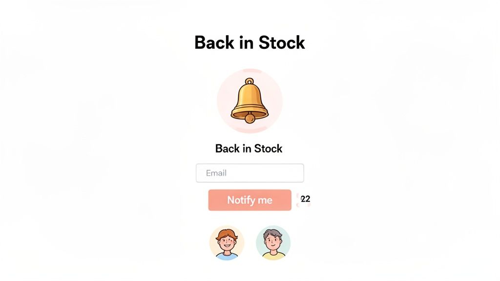 A website page to sign up for 'Back in Stock' notifications, featuring a bell icon, email input, and user avatars.