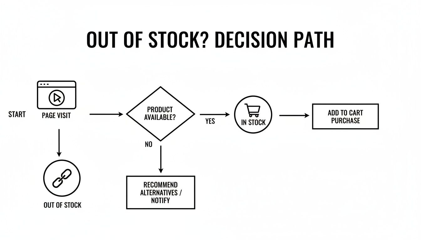 Flowchart illustrating an e-commerce decision path for out-of-stock products, guiding users to alternatives or purchase.