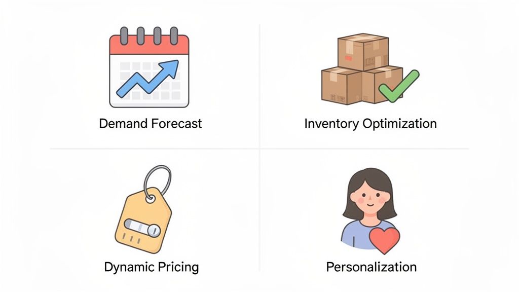 Four icons representing key e-commerce strategies: demand forecast, inventory optimization, dynamic pricing, and personalization.