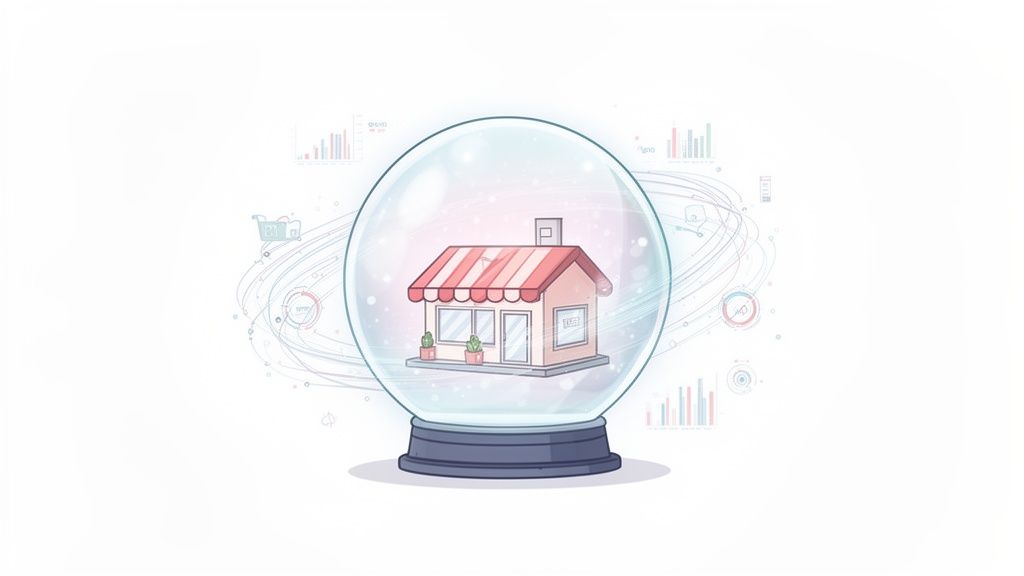 A small retail shop with a striped awning inside a glass globe, surrounded by faint e-commerce data visuals.