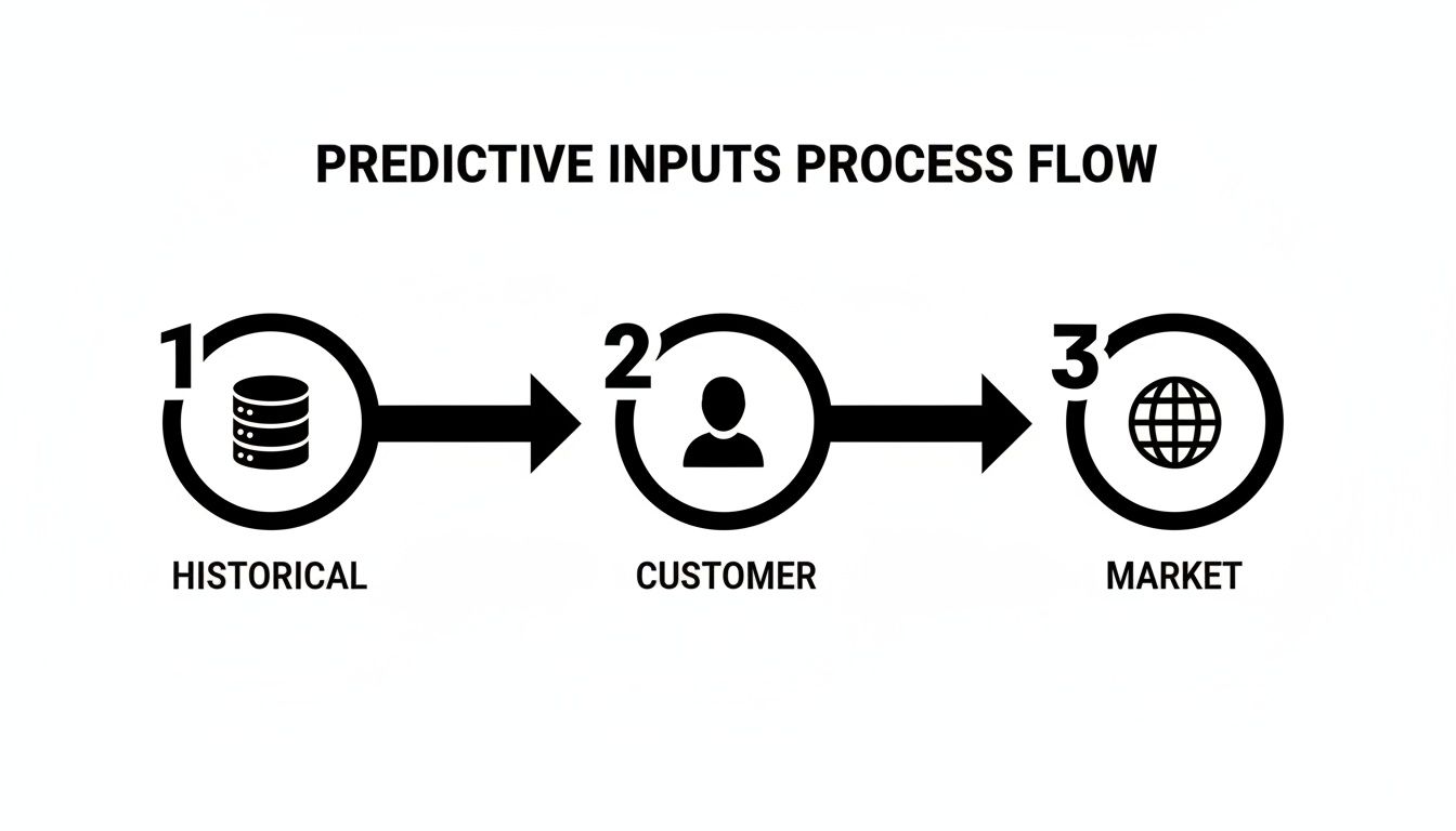 Diagram showing a predictive inputs process flow with three steps: historical data, customer data, and market data.