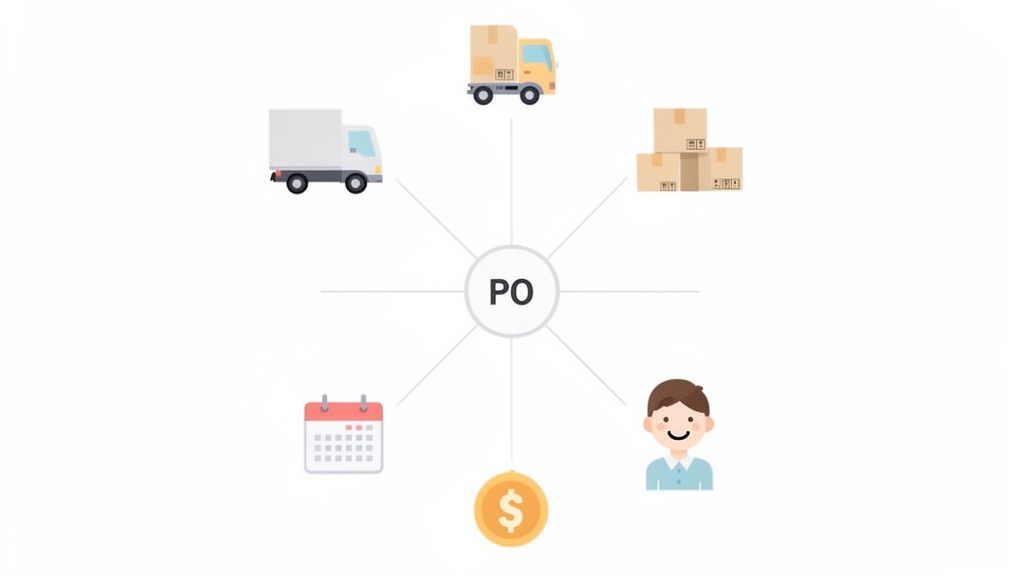 A diagram illustrating a central 'PO' (Purchase Order) connected to trucks, packages, a calendar, payment, and a person.