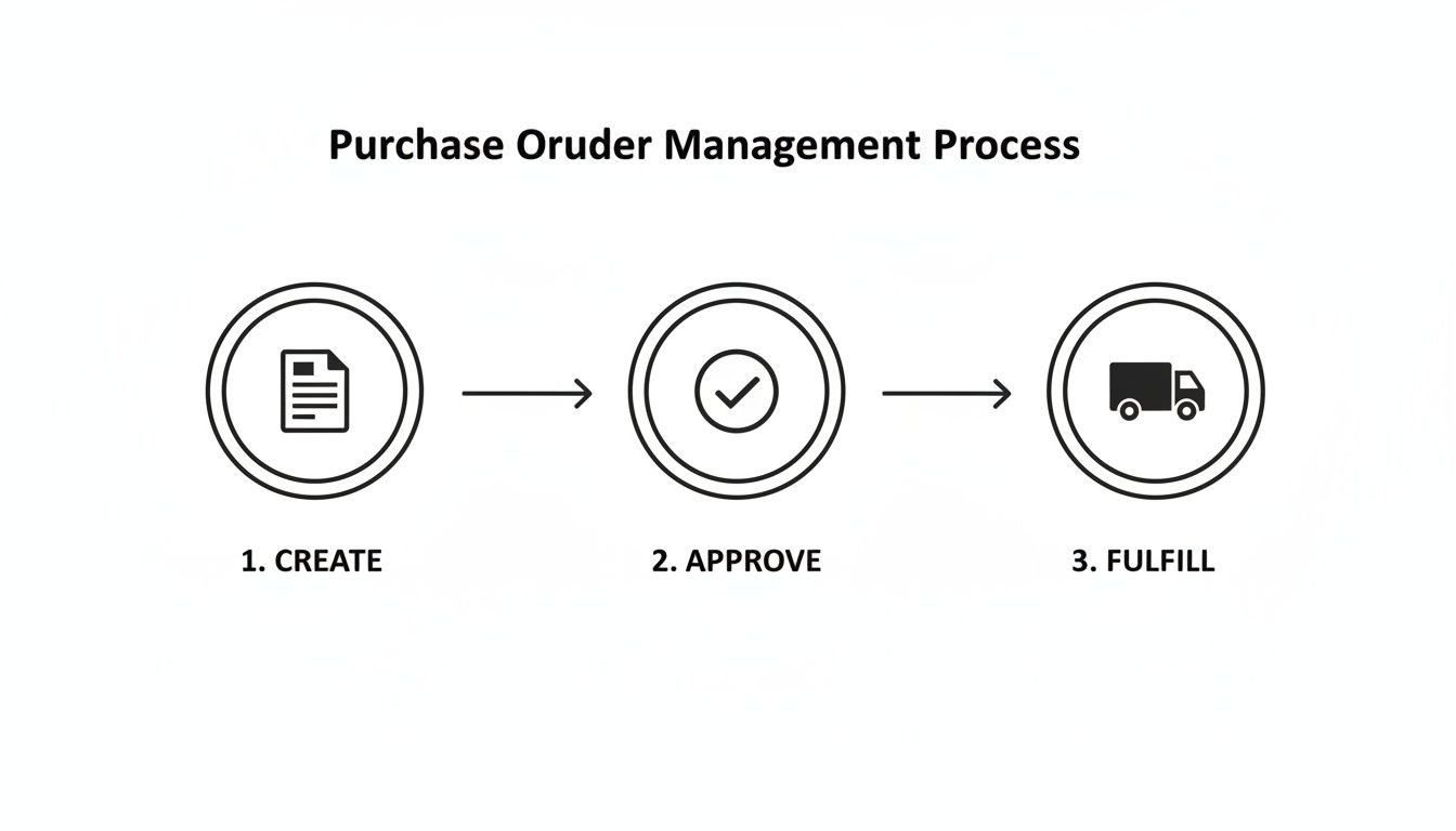 Purchase order management process flow with steps: create, approve, and fulfill.