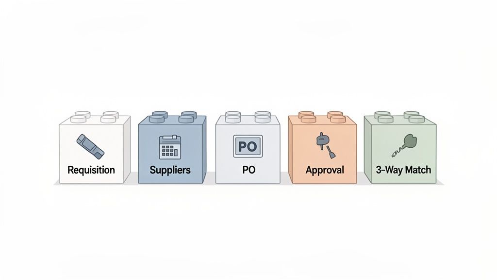 Five colorful blocks illustrating key steps in the purchase order management process: requisition, suppliers, PO, approval, and 3-way match.