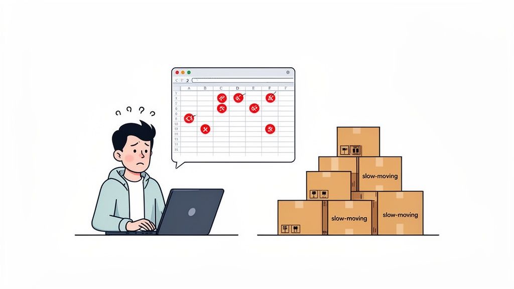 Confused man facing inventory problems with slow-moving stock indicated on a spreadsheet.