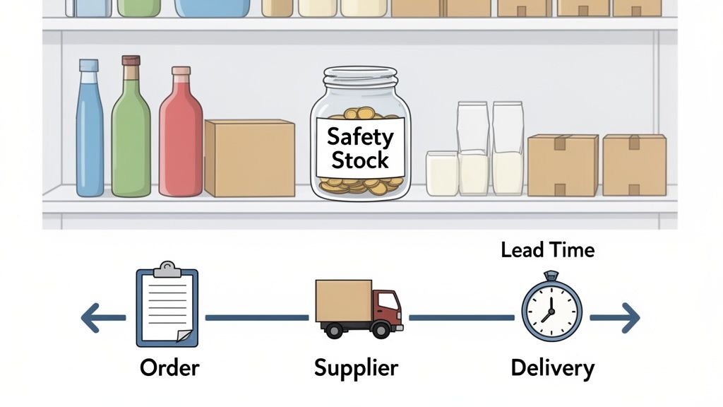 Diagram showing inventory: safety stock on a shelf, and the order-supplier-delivery process with lead time.