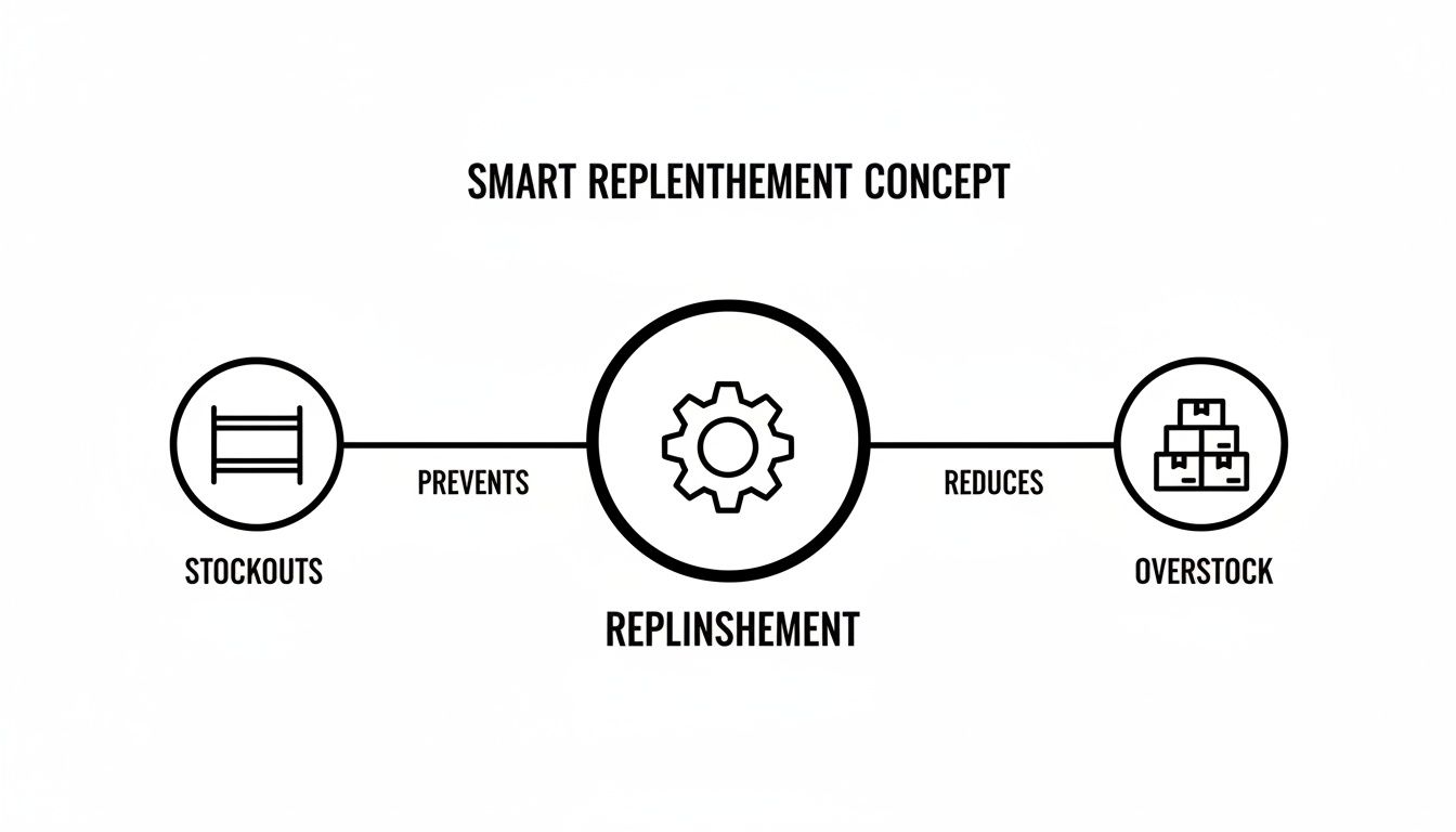 A diagram illustrating smart replenishment concept preventing stockouts and reducing overstock.