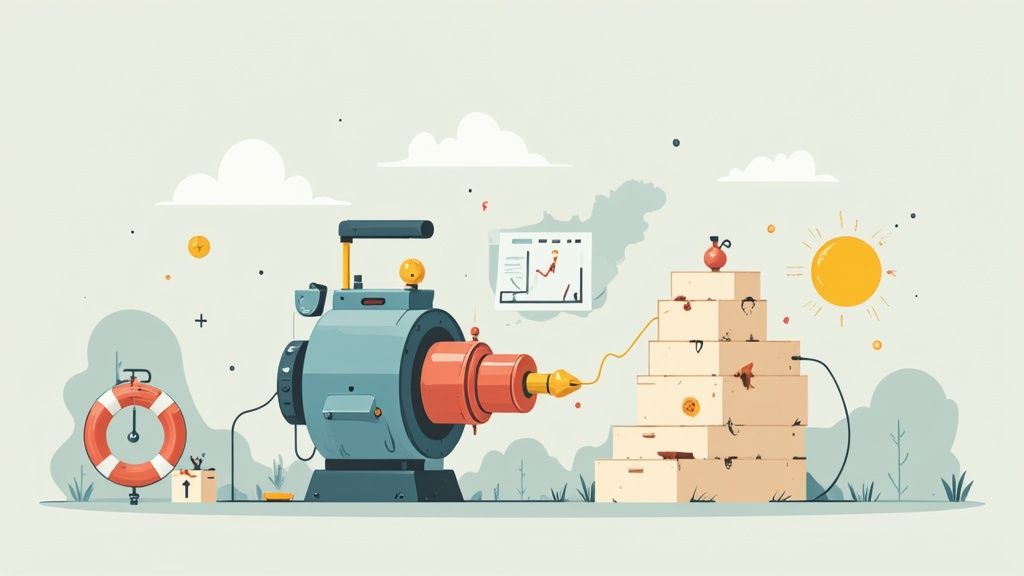 An illustration of a machine processing items, connected to a stack of boxes under the sun.