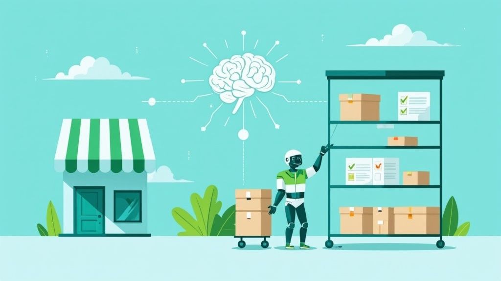 An AI robot manages inventory, picking items from shelves for stock replenishment at a small shop.