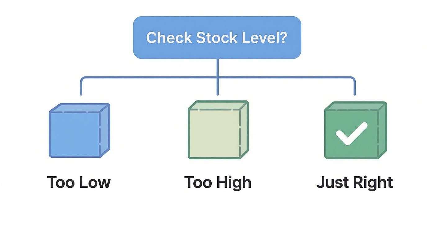 Decision diagram for stock levels, illustrating Too Low, Too High, and Just Right inventory status.
