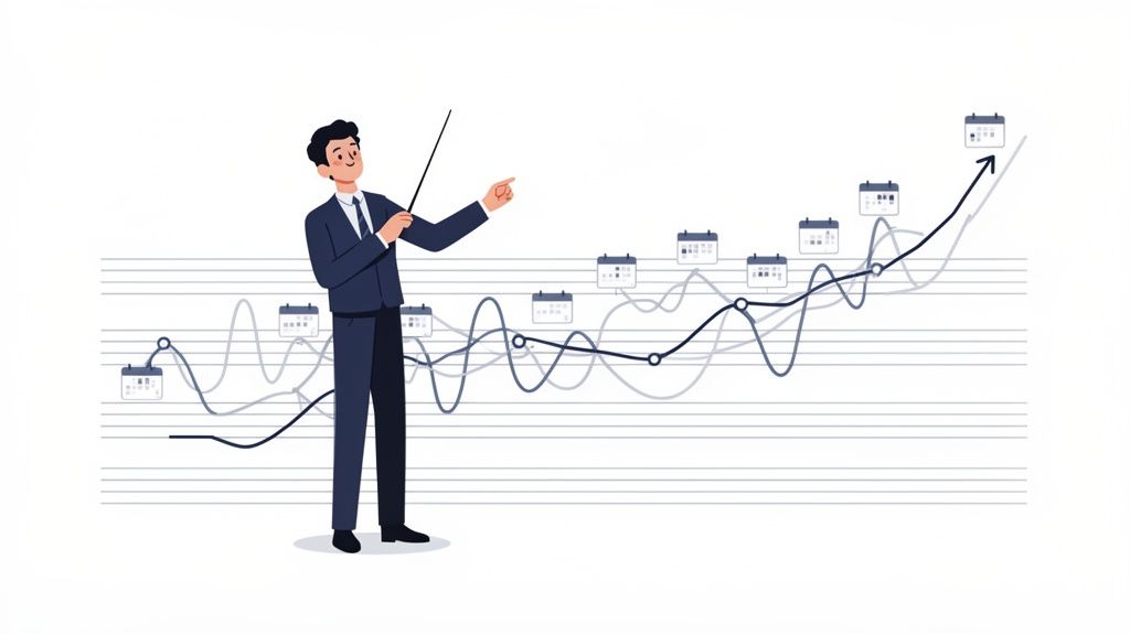 A businessman points to a line graph showing an upward growth trend with calendar icons.