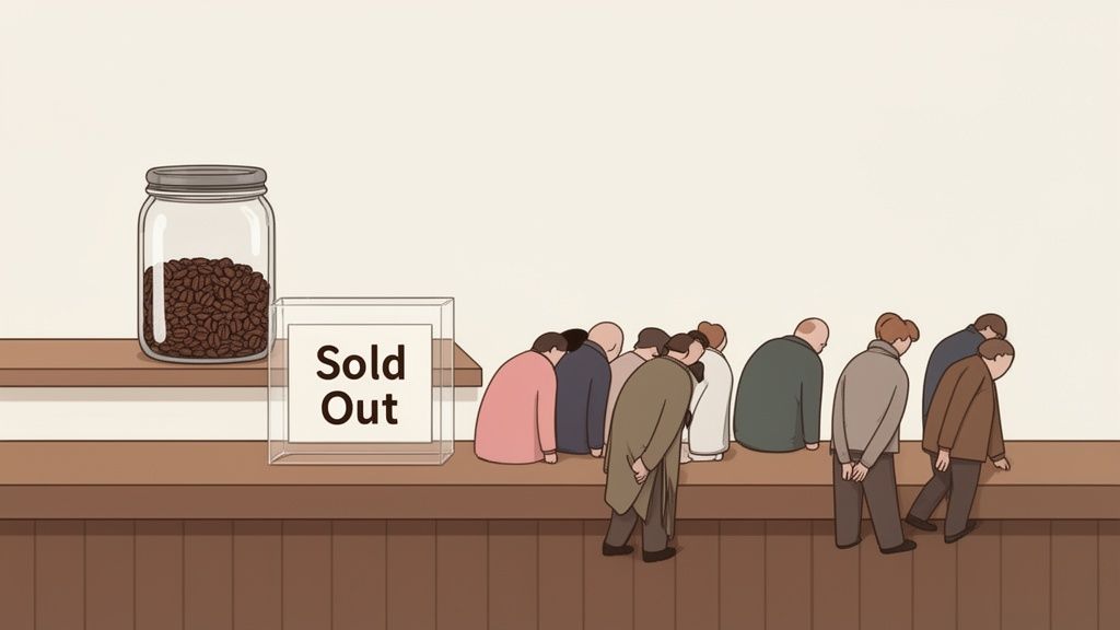 A jar of coffee beans next to a "Sold Out" sign with a line of disappointed people.