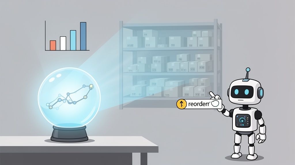AI robot uses data forecasting from a crystal ball to automate inventory reordering in a warehouse.
