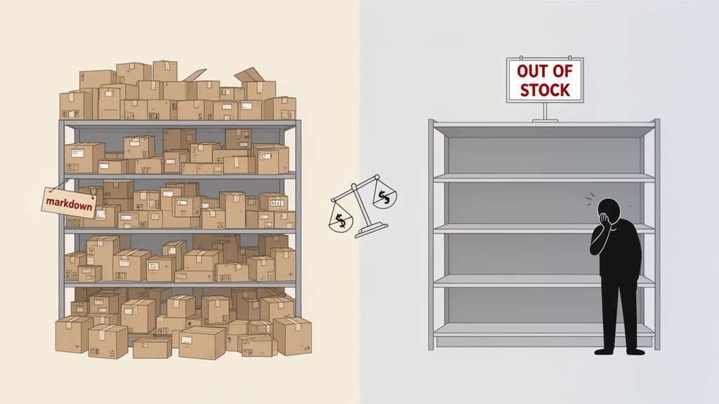 Illustration showing overstock with markdown boxes versus understock with an empty shelf and 'out of stock' sign.