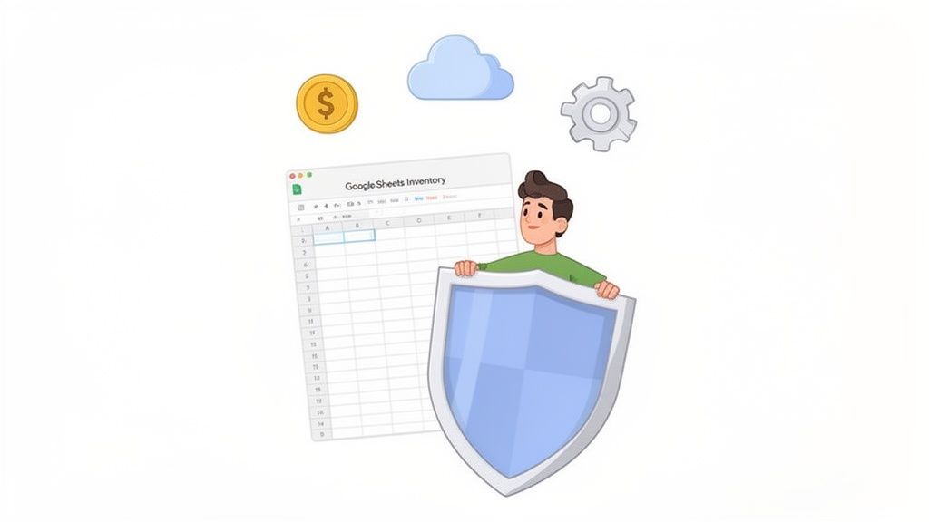 A cartoon person holding a shield protects a Google Sheets inventory template, with icons for money, cloud, and settings.