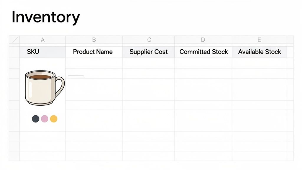 Inventory spreadsheet showing product SKU, name, cost, and stock. It features a coffee mug example with color options.