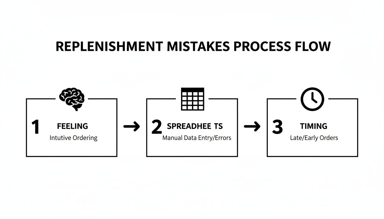 A process flow diagram showing replenishment mistakes from intuitive ordering to data entry errors and timing.
