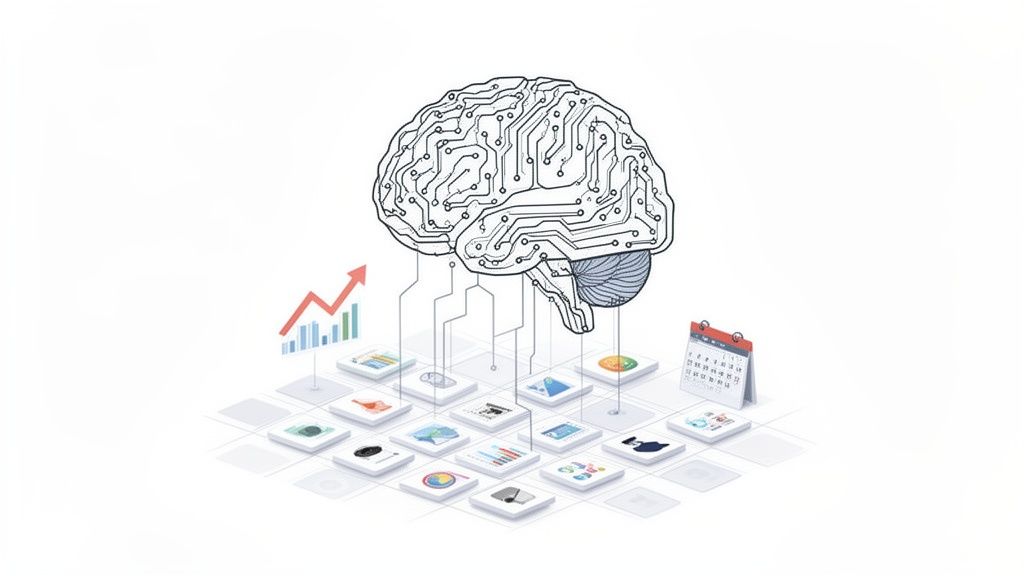 An AI brain processes data from various business icons like charts and calendars on a grid.