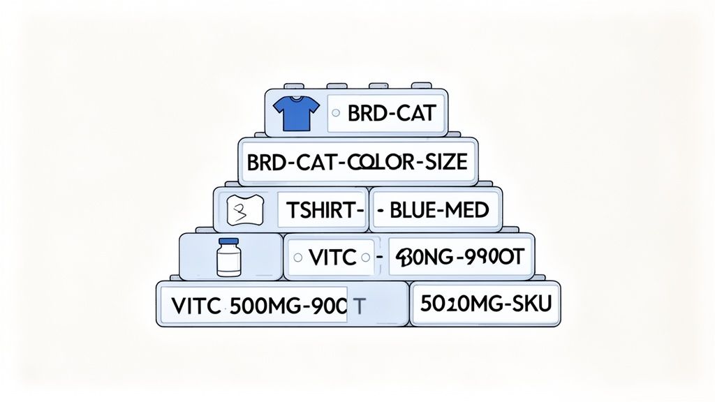 Diagram illustrating a pyramid of product identification codes, showing a hierarchical SKU structure.