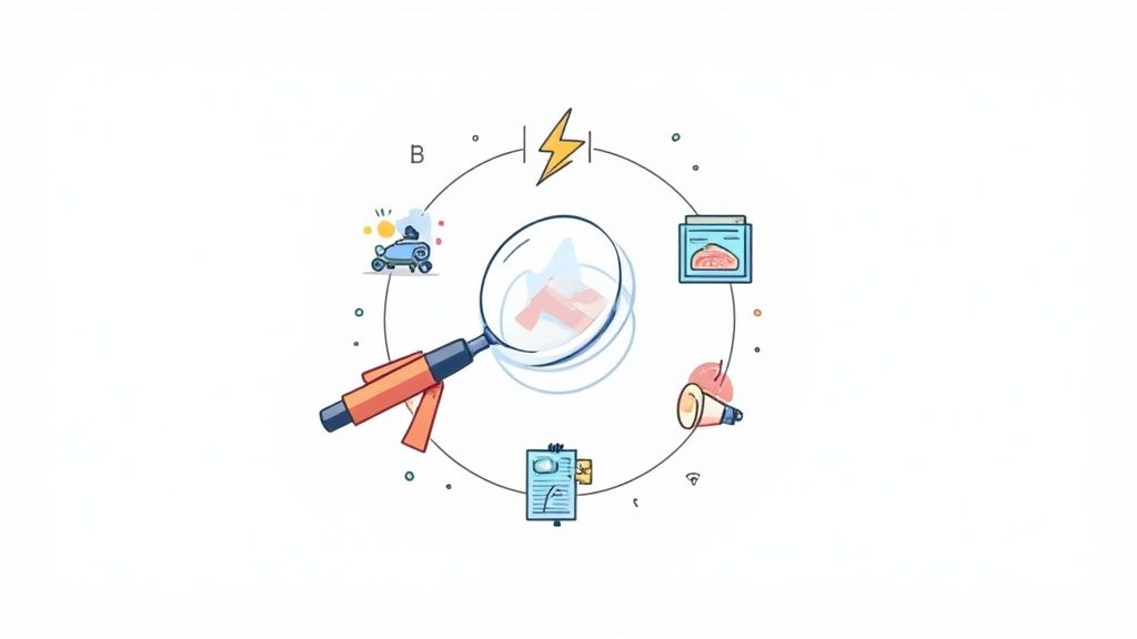 A magnifying glass examining a 'T' surrounded by icons representing business operations in a circular diagram.