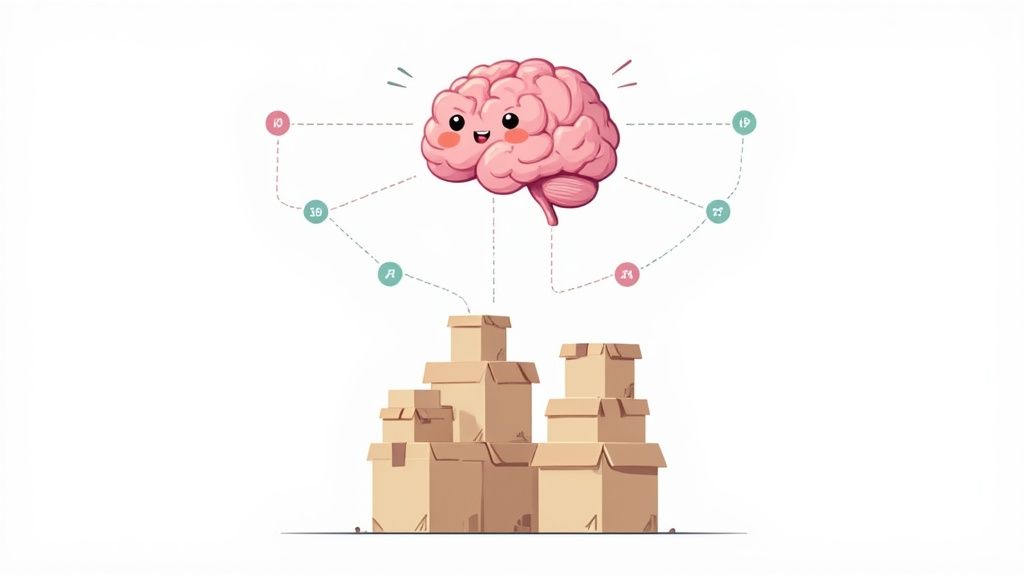 A cartoon brain happily connected to various data points, overseeing a stack of cardboard boxes.
