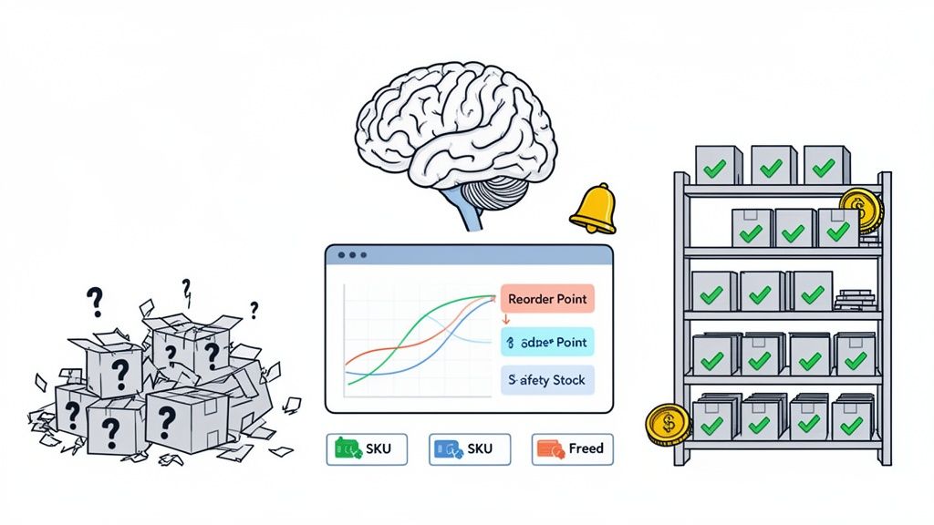 Visualizing smart inventory management: from disorganized boxes to efficient stock with data analytics.