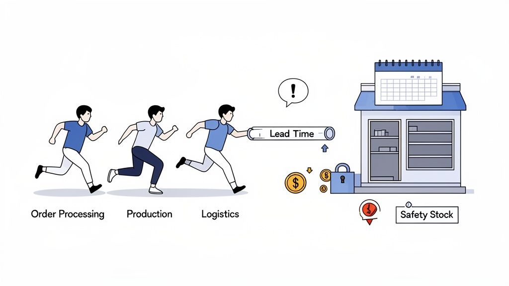 Illustration showing supply chain processes: order, production, logistics, lead time, and safety stock management.