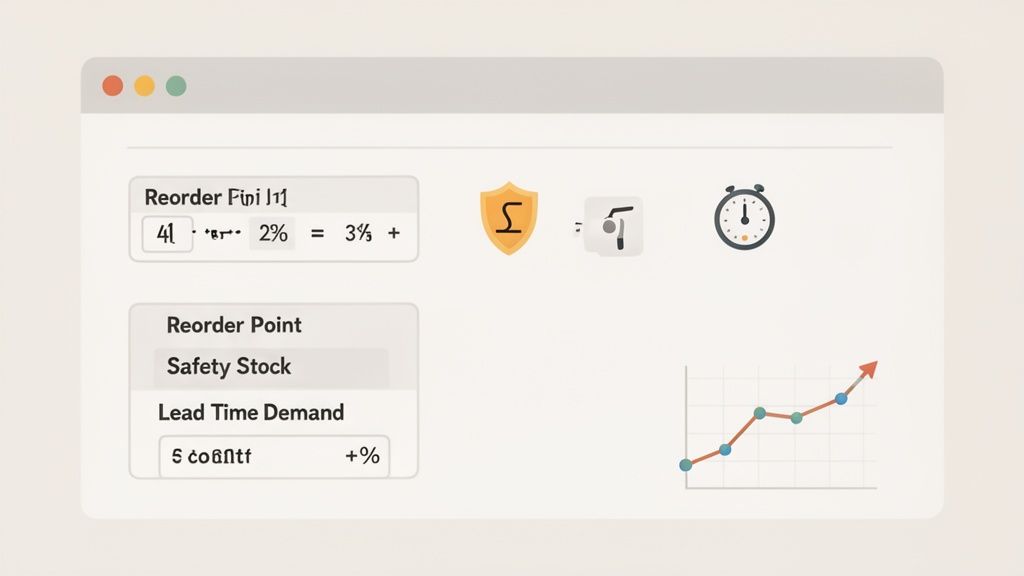 A digital interface displays inventory reorder point calculations, safety stock, lead time demand, and a rising trend graph.