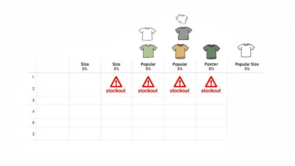 An inventory management template showing various t-shirt styles with multiple 'stockout' warnings.