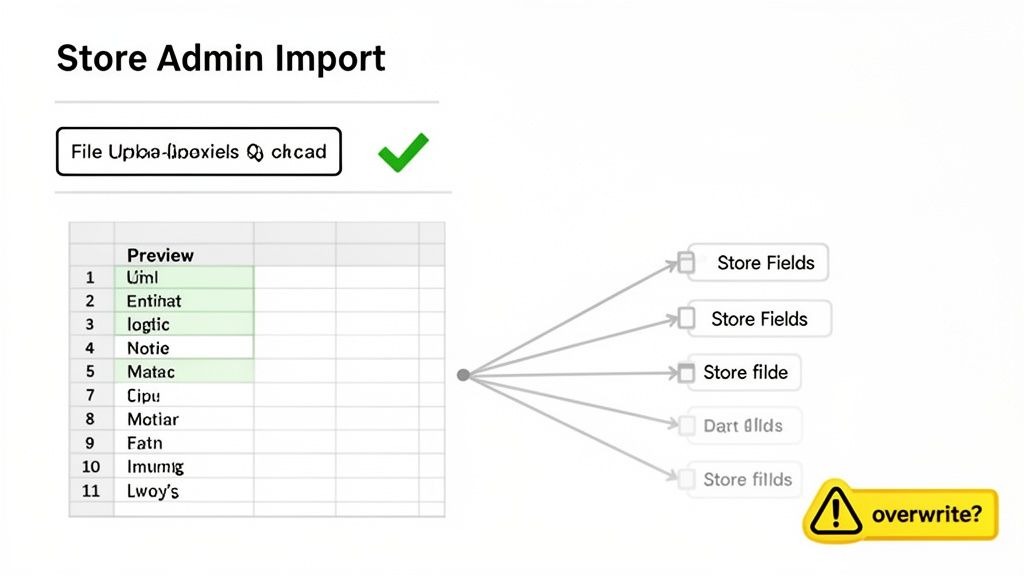 Screenshot of a store admin import interface, displaying data preview, mapping to store fields, and an overwrite warning.