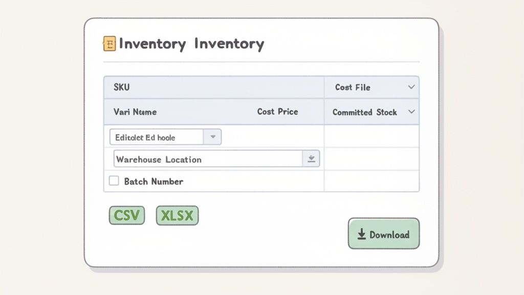 An inventory management system screen displaying item details, stock levels, and download options.